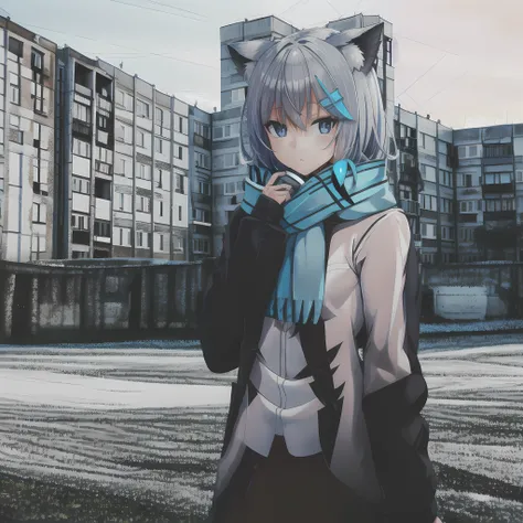 1girl, ebenya, looking at viewer, white hair, neko, cat ears, cat tail, white shirt, open clothes, russian city, ba-shiroko
