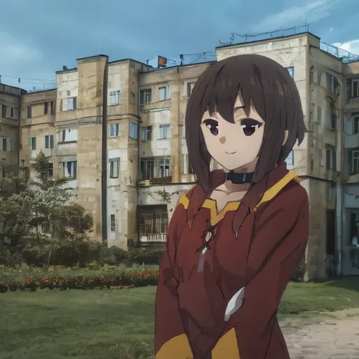 1girl, (megumin), konosuba, smiling, ebenya, russian city, masterpiece, <lora:ebenyaDifussion_ebenyaV10:0.8>