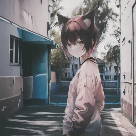 1girl, ebenya, looking at viewer, pink hair, neko, cat ears, cat tail, white shirt, open clothes, russian city