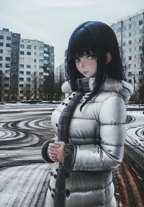 detailed, highres, masterpiece, sharp focus, HDR, sketch,
1girl, standing, buildings, town, russia, winter, snow, <lora:ebenyaDifussion_ebenyaV10:0.8>,
black hair, long hair, bangs, sidelocks, blue eyes, medium breasts,
white coat, fur-trimmed coat, long sleeves, warm clothing, winter clothing,