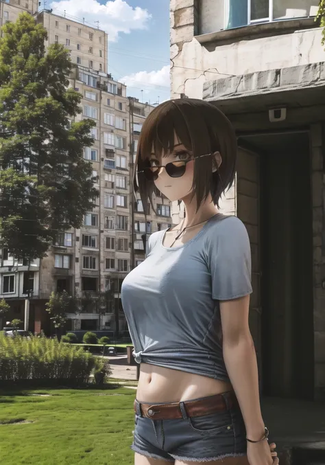 detailed, highres, masterpiece, sharp focus, HDR, sketch,
1girl, buildings, town, russia, summer, <lora:ebenyaDifussion_ebenyaV10:0.8>,
brown hair, short hair, sidelocks, bown eyes, medium breasts,
t-shirt, cutoffs, denim shorts, (sunglasses),