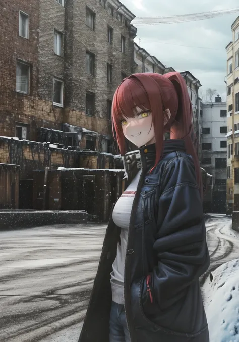 detailed, highres, masterpiece, sharp focus, HDR, sketch,
1girl, standing, buildings, town, russia, winter, snow, <lora:ebenyaDifussion_ebenyaV10:0.8>,
red hair, ponytail, long hair, yellow eyes, medium breasts, delinquent, sanpaku, (tsurime), grin,
jeans, black coat, big coat, long sleeves, zipper,