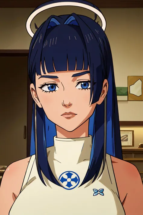 best quality, intricate details,
1girl, <lora:ouroKoniiHololive_v10:0.8>ouro kronii, blue_hair, hair intakes, colored inner hair, long_hair, two-tone_hair, blunt bangs, sidelocks, hime cut, halo, white shirt, sleeveless turtleneck, large breasts,
<lora:invincibleStyleLora_v10:0.8> invincible,