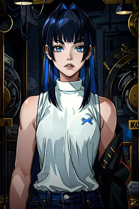 best quality, intricate details,
1girl,   <lora:ouroKoniiHo****ve_v10:0.8>ouro kronii, blue_hair, hair intakes, colored inner hair, long_hair, two-tone_hair, blunt bangs, sidelocks, hime cut, halo, white shirt, sleeveless turtleneck, 
 <lora:gothGirlLora_v10:0.8> goth,  <lora:gothGirls_gothV1:0.8>