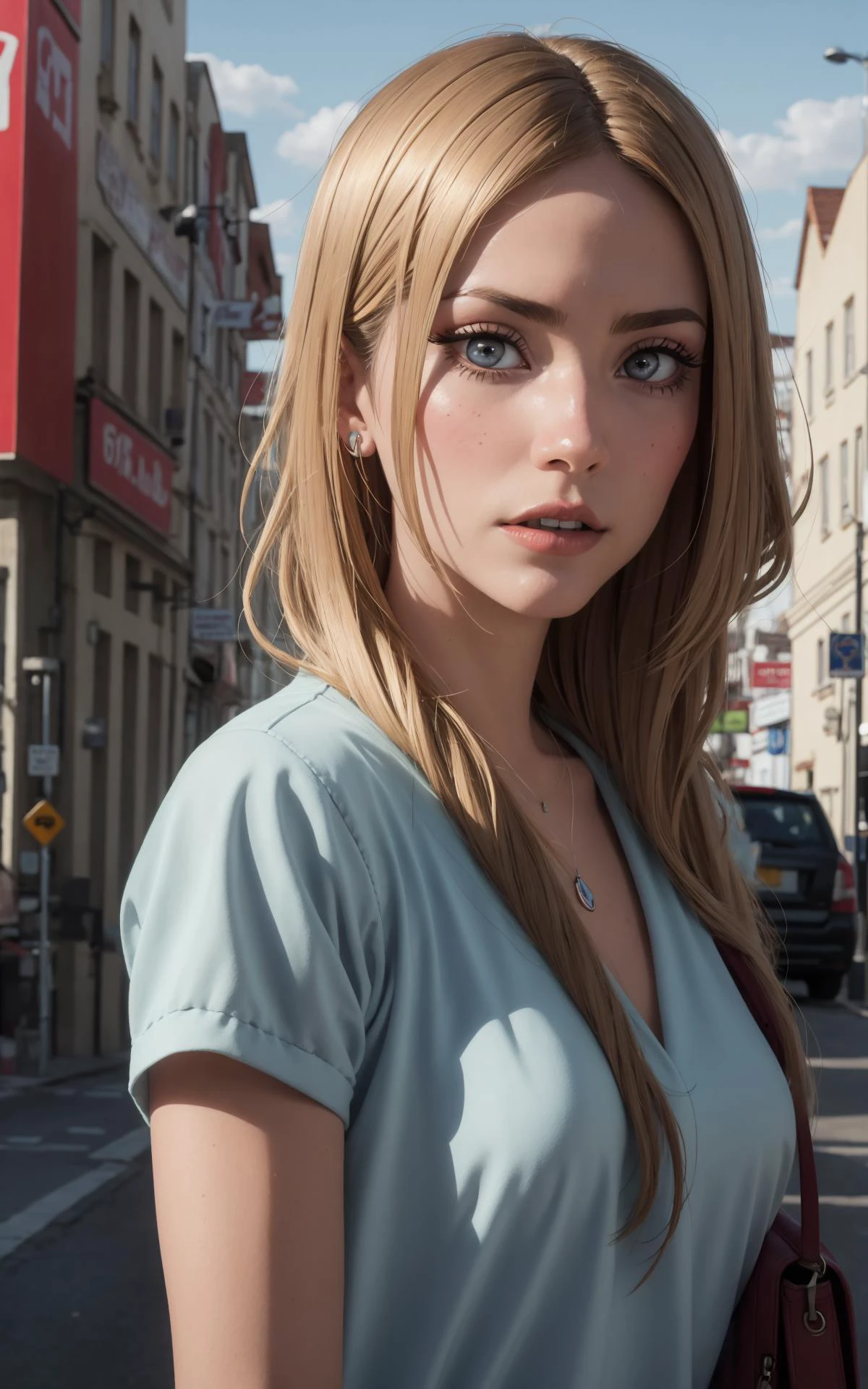 lady, street, outdoor, sunny, casual, very long hair, shy, city, <lora:chara_SonoBisqueDoll_KitagawaMarin_v1:0.8>, perfect nails, perfect hands, realistic reflection, realistic caustics, beautiful detailed, (detailed eyes), (detailed facial features), cinema light, particles, severe wind, (extreme detailed illustration), long eyelashes, best quality, ultra highres, depth of field, caustics, Broad lighting, natural shading, (upper body)