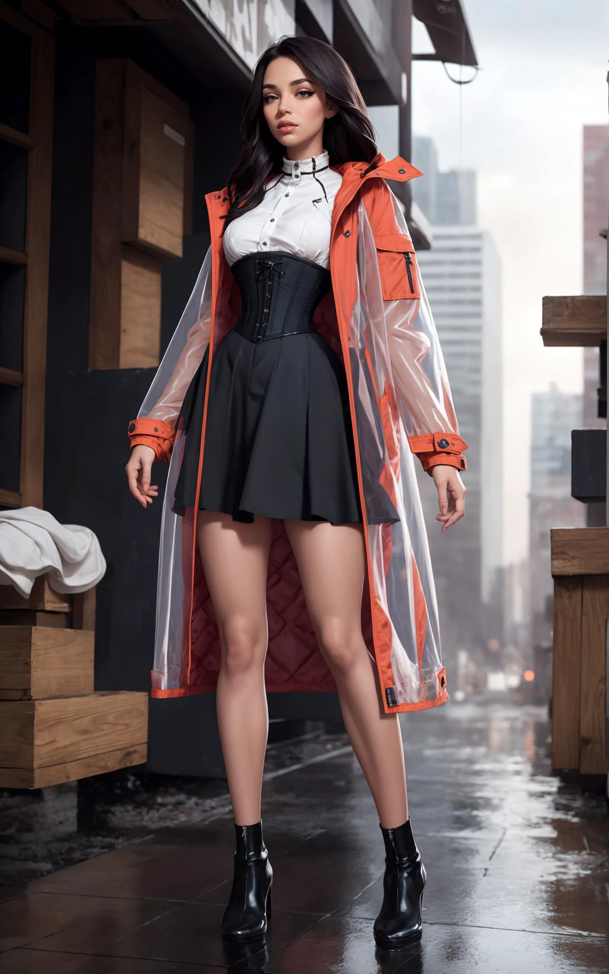 masterpiece, 1woman, skinny, beautiful face, natural body proportions, high detailed, 8k, ultra details, long hair, transparent blouse, stocking, (long loose skirt), corset, (transparent jacket:short), wet hair, outdoor, autumn, full body, heavy rain, transparent coat, busy background, megalopolis, <lora:3DMM_V7:0> <lora:nijiMecha:0.5> <lora:clothesUpdate:0.7>