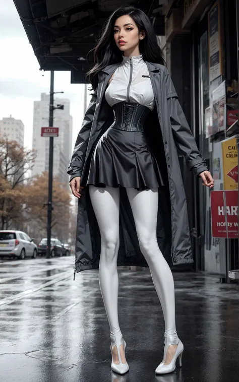 masterpiece, heavy rain, dust particles, ultra-realistic lights and shadows, 1woman, skinny, hand on waist, mobile phone, ultra-realistic, wet hair, (face: dry, thin lips, beautiful, cute, clear, detailed, squint eyes, looking straight at viewer, suspicious, pale lips), (head is up, chin is up), heavy wind, long eyelashes, natural body proportions, skinny body, thin hips, (thin leggins), perfect body shape, perfect legs, (thin hips), perfect nails, perfect hands, high detailed, 8k, ultra details, very long hair, transparent blouse, ((circle skirt, grey)), corset, (transparent jacket:short), outdoor, autumn, full body, storm, shoes, heels, (transparent coat), grey transparent tights with pattern, busy background, glass, realistic reflections, caustics, megalopolis, <lora:3DMM_V7:0> , <lora:nijiMecha:0.5> <lora:clothesUpdate:0.7><lora:koreaface15:0.7><lora:BeautyNwsjMajic2-01:0.1><lora:more_details:0.3>
