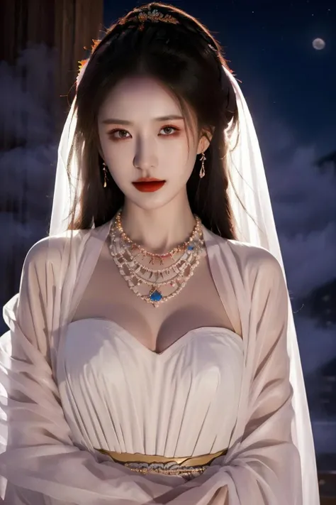 masterpiece, best quality, realistic, 8k, official art, guofeng, 1girl, necklace, moon, solo, night, looking at viewer, upper body, black hair, full moon, bracelet, <lora:guofeng_02:1>