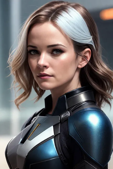 photo of (DaniellePanabaker:0.99), a woman as Mass Effect's Miranda Lawson, (Mass Effect style), (wearing futuristic white armor), (black hair:1.1), modelshoot style, (extremely detailed CG unity 8k wallpaper), photo of the most beautiful artwork in the world, professional majestic oil painting by Ed Blinkey, Atey Ghailan, Studio Ghibli, by Jeremy Mann, Greg Manchess, Antonio Moro, trending on ArtStation, trending on CGSociety, Intricate, High Detail, Sharp focus, dramatic, photorealistic painting art by midjourney and greg rutkowski, (wearing an elegant suit with neckline), (spaceship), (looking at viewer), (detailed pupils:1.3), closeup