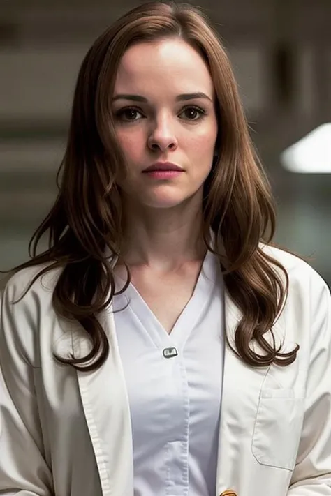 (photo realistic), photo of DaniellePanabaker, sharp focus, detailed eyes, (long brown hair), (matching eyes:1.2),  wearing (plain white labcoat with pockets:1.2) at (a lab:1.2), (dreamy lighting:1.2), depth of field, bokeh, 4K, HDR,  accurate shadows