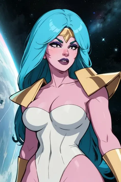 (safe for work, enough clothing to cover objectionable parts making it safe for work) An alien princess, dressed in flashy body jewelry and sheer colorful silks tells Captain Kirk she has never experienced this Love. Seductive poses, sultry stare (50's star trek) (show all of her head to tow, show her entire body, full body)