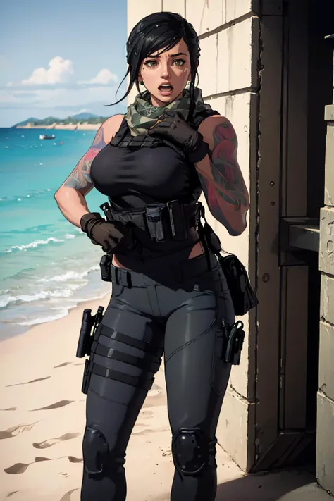 (masterpiece, best quality:1.2), <lora:mara_(call_of_duty):.9>, mara (call of duty), 1girl, solo, black hair, gloves, scarf, tattoo, military, breasts, holster, pants, load bearing vest, day, adjusting clothes, outdoors, beach, water, open mouth