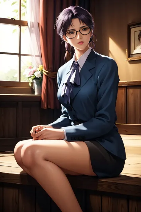 1girl, evening, school, old wooden house,before window,sitting at attention,sitting on couch,holding coffee cup,glasses,blue jacket,collared shirt,long sleeves,black pencil skirt,pantyhose,purple hair, hair_bun,perfect eyes, perfect face,looking at viewer, blush,(innocent_big_eyes:1.0),(expressionless:1.3),25yo,mature female, long legs, large breasts,Bright_Front_face_Lighting,film grain,Fujifilm XT,phisically-based render,(masterpiece,best quality,official art,extremely detailed CG unity 8k wallpaper:1.4),(realistic photo),dslr,super fine illustration,highly detailed,very detailed background,highly detailed background,gorgeous nature refined rendering,contour deepening,best bloom,cinematic composition,cinematic bloom,cinematic shadow,depth of field,realistic,extremely intricate,flawless, clean, professional artwork, famous artwork,real,perfect anatomy,perfect proportions,slim waist,slim calves,pale skin,skin texture,skin pores,super detailed skin,detailed beautiful face and eyes,detailed eyebrows,detailed fingers,detailed toes,soft lighting, dramatic lighting,backlighting, <lora:Better Portrait Lighting:0.4>, <lora:backlighting:0.4>,<lora:MinamiAyaka-V1:0.8>