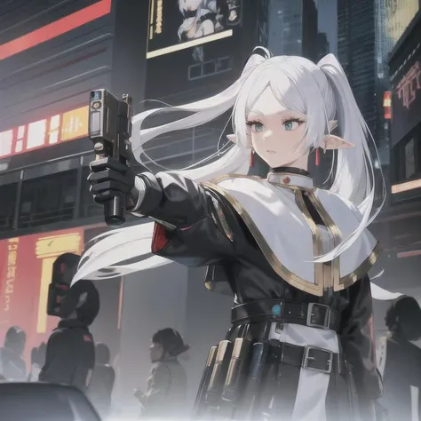 frieren, white hair, long hair, pointy ears, twintails, jewelry, elf, earrings, capelet, white capelet, robotic bodysuit, parted bangs, dress, belt, flower, 1 girl, cyberpunk city, dynamic pose, cyberpunk, a high-tech city, full of machinery and futuristic element, futurism, technology, person in focus, highres, masterpiece, best quality, high quality, female cyborg, robbot eyes, black metalic mechanical eyes, cyborg forehead, full body in view, cyborg arms, holding a futuristic gun, metal fists, riding a futuristic motorcycle, metalic outfit, metalic suit, <lora:frieren-10:0.9>