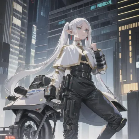 frieren, white hair, long hair, pointy ears, twintails, jewelry, elf, earrings, capelet, white capelet, robotic bodysuit, parted bangs, dress, belt, flower, 1 girl, cyberpunk city, dynamic pose, cyberpunk, a high-tech city, full of machinery and futuristic element, futurism, technology, person in focus, highres, masterpiece, best quality, high quality, female cyborg, robbot eyes, black metalic mechanical eyes, cyborg forehead, full body in view, cyborg arms, holding a futuristic gun, metal fists, riding a futuristic motorcycle, metalic outfit, metalic suit, <lora:frieren-10:0.9>