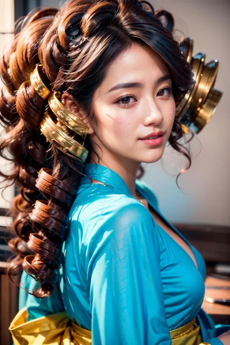 (realistic:1.3), finely detailed, quality, rembrandt lighting, (masterpiece:1.2), (photorealistic:1.2), (best quality), (detailed skin:1.3), (intricate details), dramatic, ray tracing, 1girl, japanese girl, 21 years old, detailed skin texture, (blush:0.5), (goosebumps:0.5), subsurface scattering, smiling, medium breasts, (ojou curls, big hair:1.4), casual top, portrait shot, (bright sunny day), <lora:n15g_aio_hairstyles-1.0:1>