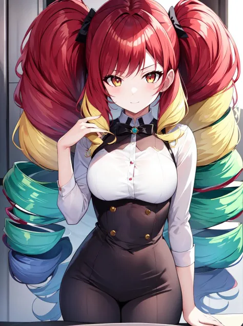 8k, masterpiece, highly detailed, girl, <lora:n15g_aio_hairstyles-1.0:0.8>, very long hair, close-up, formal dress, bow tie, long sleeves
AND red hair, mega twintails,
AND yellow hair, big hair,
AND green hair, mega twin drills,
AND blue big hair,