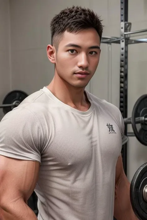 masterpiece, best quality, high resolution, realistic, handsome, photogenic, <lora:syahasian:1>, syahnk, SFW, a photo of a 35 year old gym frat (man:1.2) portrait, standing in a gym , doing military press, weights, stunning , short buzzcut hair,stubble head , (hypermuscle),looking at the viewer, flirting with the camera, charming, (tight white gym shirt ),<lora:add_detail:1>, (GS-Masculine:1), 8K UHD