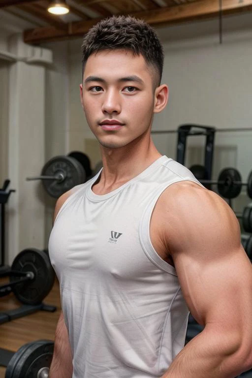 masterpiece, best quality, high resolution, realistic, handsome, photogenic, <lora:syahasian:1>, syahnk, SFW, a photo of a 35 year old gym frat (man:1.2) portrait, standing in a gym , doing military press, weights, stunning , short buzzcut hair,stubble head , (hypermuscle),looking at the viewer, flirting with the camera, charming, (tight white gym shirt ),<lora:add_detail:1>, (GS-Masculine:1), 8K UHD