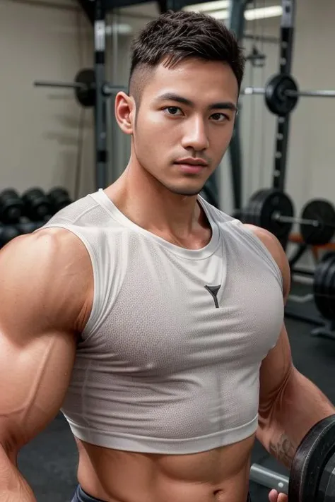 masterpiece, best quality, high resolution, realistic, handsome, photogenic,<lora:syahasianV2:0.9>, syahnk,1man, SFW, a photo of a 35 year old gym frat (man:1.2) portrait, standing in a gym , doing military press, weights, stunning , short buzzcut hair,stubble head , (hypermuscle),looking at the viewer, flirting with the camera, charming, (tight white gym shirt ),<lora:add_detail:1>, (GS-Masculine:1), 8K UHD