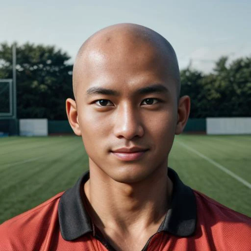 masterpiece, best quality, highres, realistic, handsome, photogenic, masculine, (big muscles),<lora:syahasian:0.75>, a portrait photo, face of syahnk as a (dark tanned skin:1.4) athletic jock bulging with huge pectorals, in the middle of soccer field, with his smirking dumb face view the viewer, (he is bald or shaved head),<lora:add_detail:1>,HDR, octane, 8k, dinamic light,studio light,high detailed skin,high detailed face,DSLR,high quality, film grain, Fujifilm XT3,skin pore