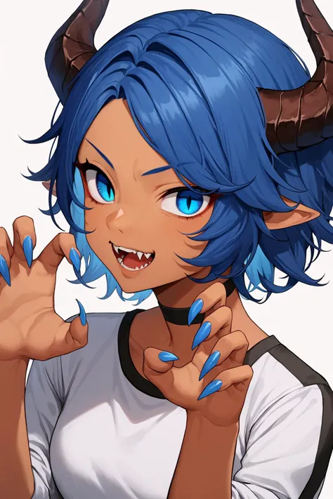 score_9,score_8_up,source_anime,1girl, dragon horns, jahy, dark-skinned female, dragon girl, blue hair, blue eyes, open mouth, dark blue hair, shirt, multicolored eyes, fangs, claw pose, white background, looking at viewer, simple background, medium hair, upper body, sleeves rolled up, slit pupils, teeth, swept bangs, long sleeves, parted bangs, blue nail polish, long sharp fingernails, choker, crop top