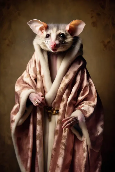 <lora:Sofonisba Anguissola Style:1>Sofonisba Anguissola Style - glam rock photograph anthropomorphic possum in a flowing robe