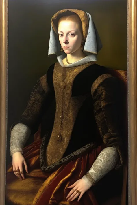 <lora:Sofonisba Anguissola Style:1>Sofonisba Anguissola Style - portrait of a Venetian noblewoman sitting on a chair, end of 1500s, oil on canvas. Old golden frames