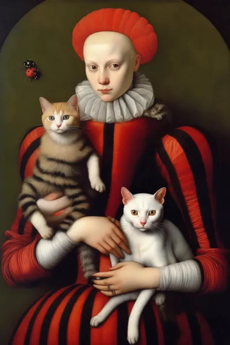 <lora:Sofonisba Anguissola Style:1>Sofonisba Anguissola Style - Portrait of a sweet beautiful albino woman surrounded by giant Coccinellidae ladybug ladybird With a cat in his arms. painting by Parmigianino, by felice casorati,