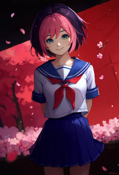 score_9, score_8_up, score_7_up, source_anime, solo, 1girl, osupippi, smile, looking at viewer, arms behind back, school uniform, serafuku, white shirt, blue sailor collar, red neckerchief, short sleeves, blue skirt, pleated skirt, outdoors, cherry blossoms <lora:osu_pippi_ponyXL:1>