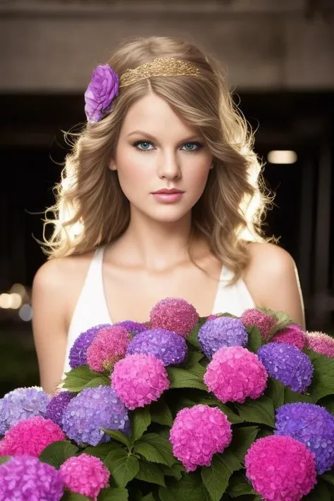 1girl, masterpiece, best quality, cityscape,outdoor, (full shot),city lights, standing, looking at viewer, depth of field, scenery,Embroidery art, hydrangea patterns, pink and purple colors, layered flower shapes, delicate leaves and branches, rich texture, classical elegance, traditional beauty., golden ratio, cinematic, glow, ultra realistic, cinematic lighting, focused, 8k