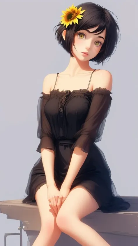 flower sunflower 1girl solo barefoot sitting short hair yellow flower bare shoulders <lora:DuckCute:1.0>