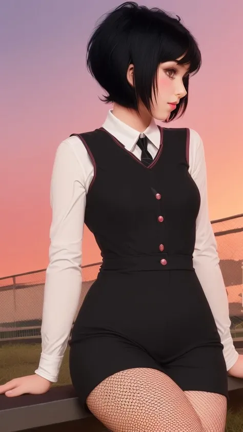 fishnets 1girl fishnet legwear 1girl solo short hair red sky black hair pantyhose mole <lora:DuckCute:1.0>