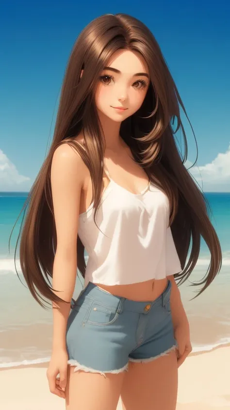 shorts realistic 1girl beach solo sand denim long hair brown hair lying <lora:DuckCute2:1.0>