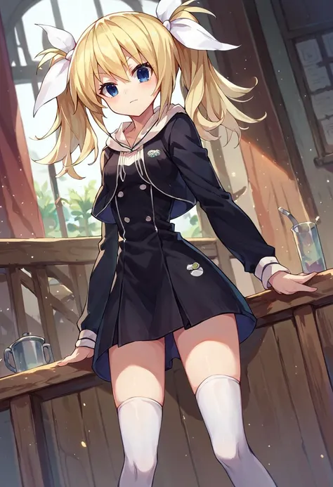score_9, score_8_up, score_7_up,score_6_up, HinaSchool, blue eyes, blonde hair, twintails, white hair ribbon, black short dress, patch, white thighhighs, <lora:ArimuraPXL5-000011:1>