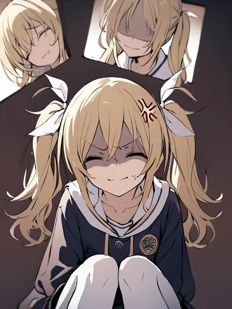 HinaSchool, blue eyes, blonde hair, twintails, white hair ribbon, black short dress, patch, white thighhighs, <lora:ArimuraPXL5:1>,, masterpiece, best quality,, (closed eyes, shaded face, anger vein, false smile, closed mouth:1.2)