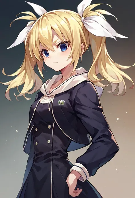 score_9, score_8_up, score_7_up,score_6_up, HinaSchool, blue eyes, blonde hair, twintails, white hair ribbon, black short dress, patch, <lora:ArimuraPXL5-000011:1>