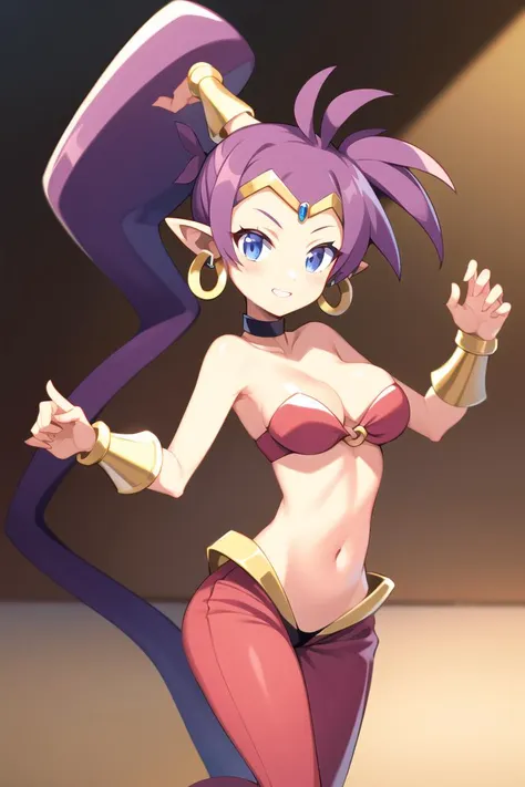 <lora:shantae-nvwls-v1-final:1>, <lora:DisgaeaV2:0.9>, masterpiece, best quality, shantae, tiara, choker, hoop earrings, o-ring bandeau, vambraces, red pants, cowboy shot, dancing, looking at viewer, desert, pointy ears, detailed hands,