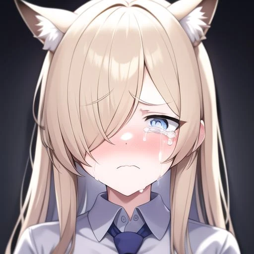 Evang Evang <lora:teary:0.7><lora:kanna:0.7>masterpiece, best quality, solo, kanna(blue archive), blonde long hair, hair over one eyes, animal ears, blue eyes, collared shirt, necktie, upper body, face portrait, (tears:1.1), frown, white simple background, pov, looking at viewer,