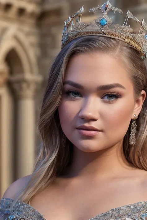 headshot of S240_HarleyKing,a gorgeous woman,in a (castle),wearing an (off-shoulder:1.1),(crown),(4k, RAW photo, best quality, depth of field, ultra high res:1.1),(absurdres, intricate, photorealistic, masterpiece, ultra-detailed:1.2),