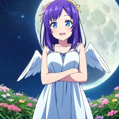 1girl, solo, crossed arms, smiling, open mouth, 1girl, Kanae Kouda, medium length straight purple hair, blue eyes, yellow scrunchie with white polka dots, white dress with ruffles on the bottom,  angel wings, night sky, field of pink flowers, outdoors, large moon in the sky, stars, <lora:Kanae_Kouda:1>