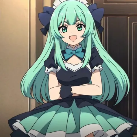 1girl, solo, crossed arms, smiling, open mouth, mint green hair, detailed blue maid dress, in the style of PitaTenAnime,  flat chest, <lora:PitaTenAnime-03:1>