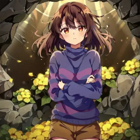 1girl, solo, crossed arms, <lora:Undertale Frisk:1> short brown hair, red eyes, neutral expression, in a cave, god rays, yellow flowers, brown shorts, blue sweater with two purple stripes, striped sweater