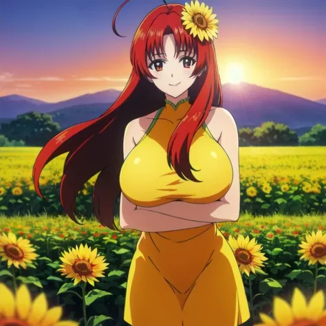 1girl, solo, crossed arms, smiling, Chiharu Shinonome, ahoge, brown eyes, long red hair, sunflower field, sunset, yellow sundress, huge breasts