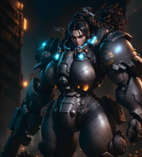 (Masterpiece, Best Quality, High Quality, cgi,octane render), dim lighting, detailed shadows, high detail, action pose, <lora:Parrley1:0.85>Parrley_armor, woman wearing black nad white ornate Parrley_armor,glowing big bulky futuristic armor, fur,(warhammer40k),space marines, holding large gun, riuned city in background, outside, mist, smoke, long black hair, muscular, jetpack