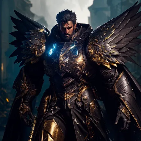 cell shading, digital art, bloom, dark and gloomy full body 8k photography, a man wearing Parrley_armor, (big bulky futuristic armor), (angel wings:1.2) <lora:Parrley1:0.85>,  <lora:AngelicWarriors_v1:0.25>, gold yonder hair, wielding a holy sword, outdoors, action shot, tattered torn cloak, skin pores, detailed intricate iris, very dark lighting, heavy shadows, detailed, detailed face, (vibrant, dramatic, dark, sharp focus, 8k)
