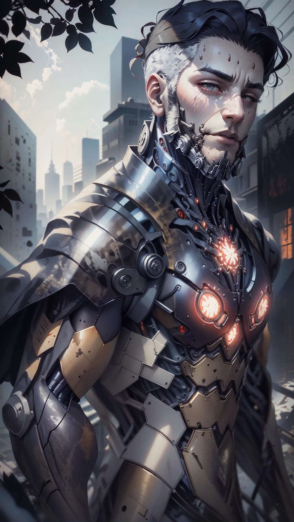Masterpiece, high quality, ultra detail, RAW, black and red Spiderman-Venom mecha suit, spider logo on the breast of mecha armor, half body, big arms, 1 boy, beard, open smiling, big muscle, undercut hairstyle, black hair, brown eyes, pale skin, dramatic lighting, high dynamic range, apocalypse city background, trees, armorsuit, <lora:Parrley1:1> <lora:Futuristicbot4:0.7>