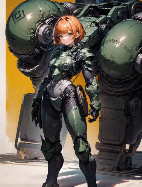 (masterpiece, best quality), (1girl, solo), short hair, orange hair, green eyes, dead eyes, <lora:add_detail:1.5>, standing, big bulky futuristic armor<lora:Parrley1:0.8>, a woman in a black orange suit of armor, Parrley_armor