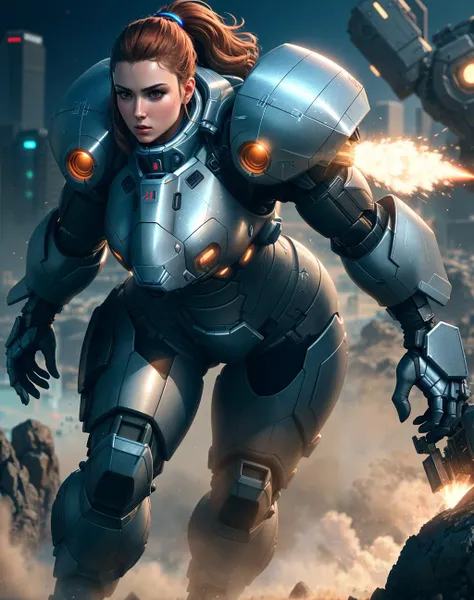4K, Masterpiece, highres, absurdres,photorealistic, Parrley_armor, a woman in a suit of armor ,wearing Parrley_armor, big bulky futuristic armor, running, moving, rocket propulsion,((from the side))<lora:ParrleyFLEX:0.7>