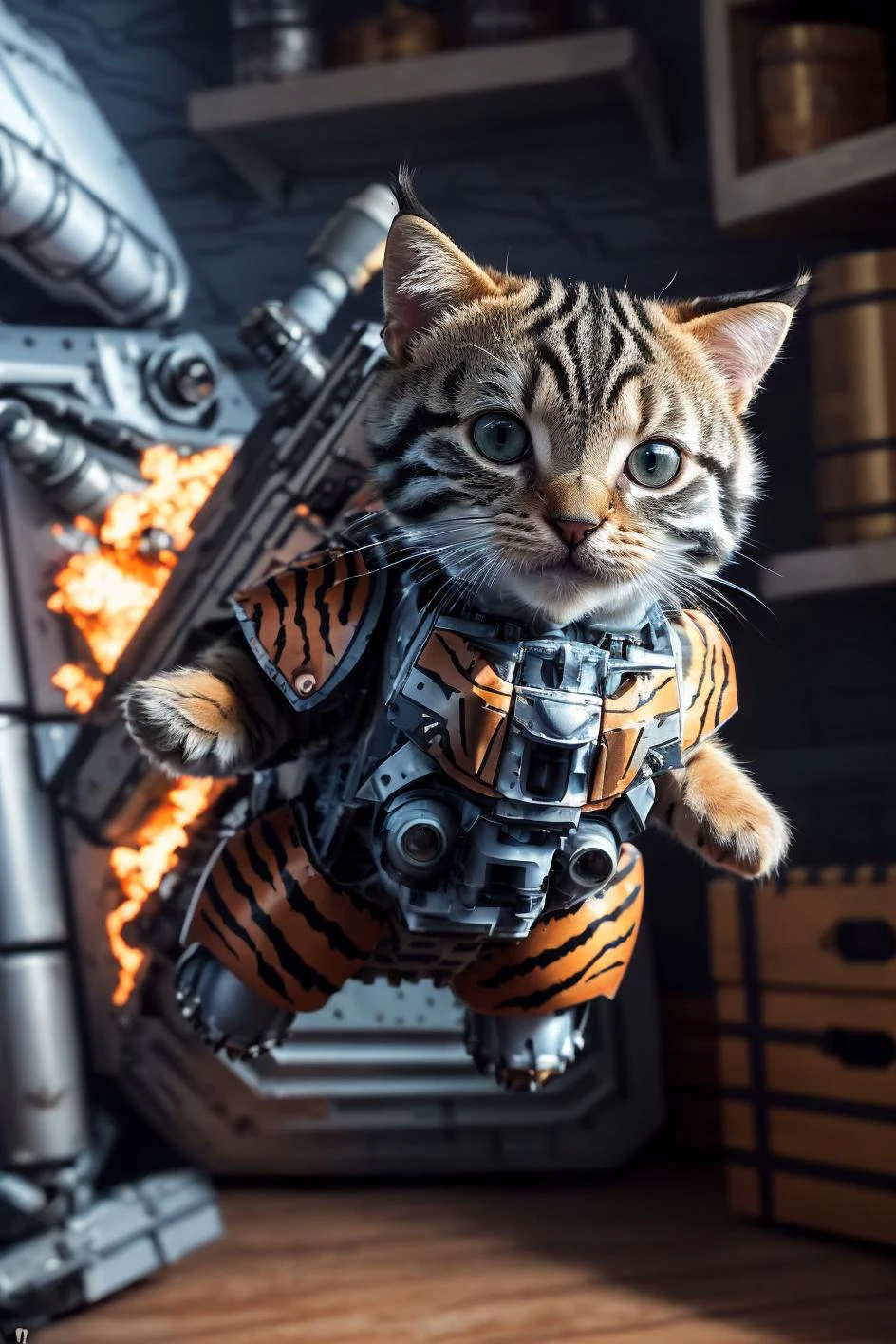 An adorable cute tiny tabby kitten (wearing a suit of mechanized tigerstripeAI Parrley_armor), using an explosive rocket jetpack to fly up toward precious objects on a high shelf in a bedroom.
best quality, highres, high resolution, sharp focus, high detail, cinematic shadow, sidelighting, motion blur.
<lora:LowRA:0.5> <lora:Parrley1:0.8> <lora:TigerstripeAI:0.6>
